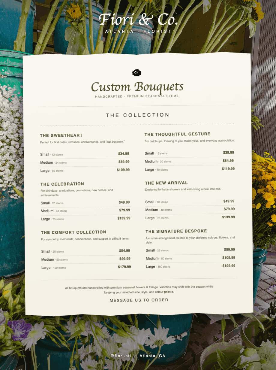 Original Fiori and Co. custom bouquet menu flyer