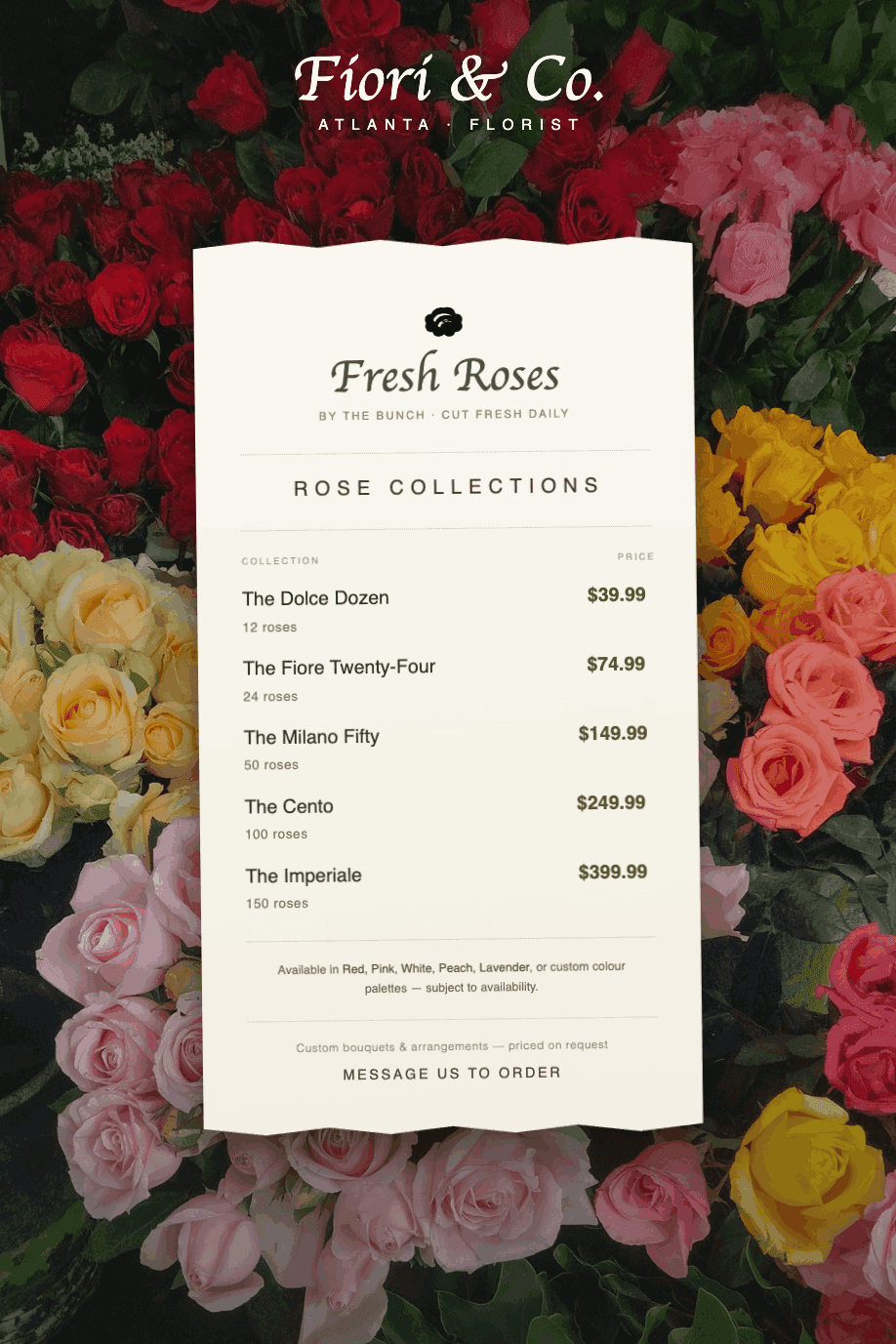 Original Fiori and Co. fresh roses menu flyer